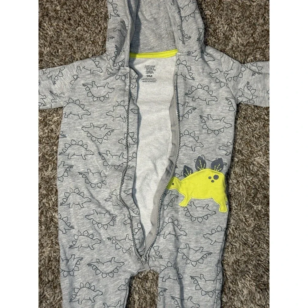Carter’s Just One You Baby Dino Hooded Zip Romper Gray Dinosaur 9M